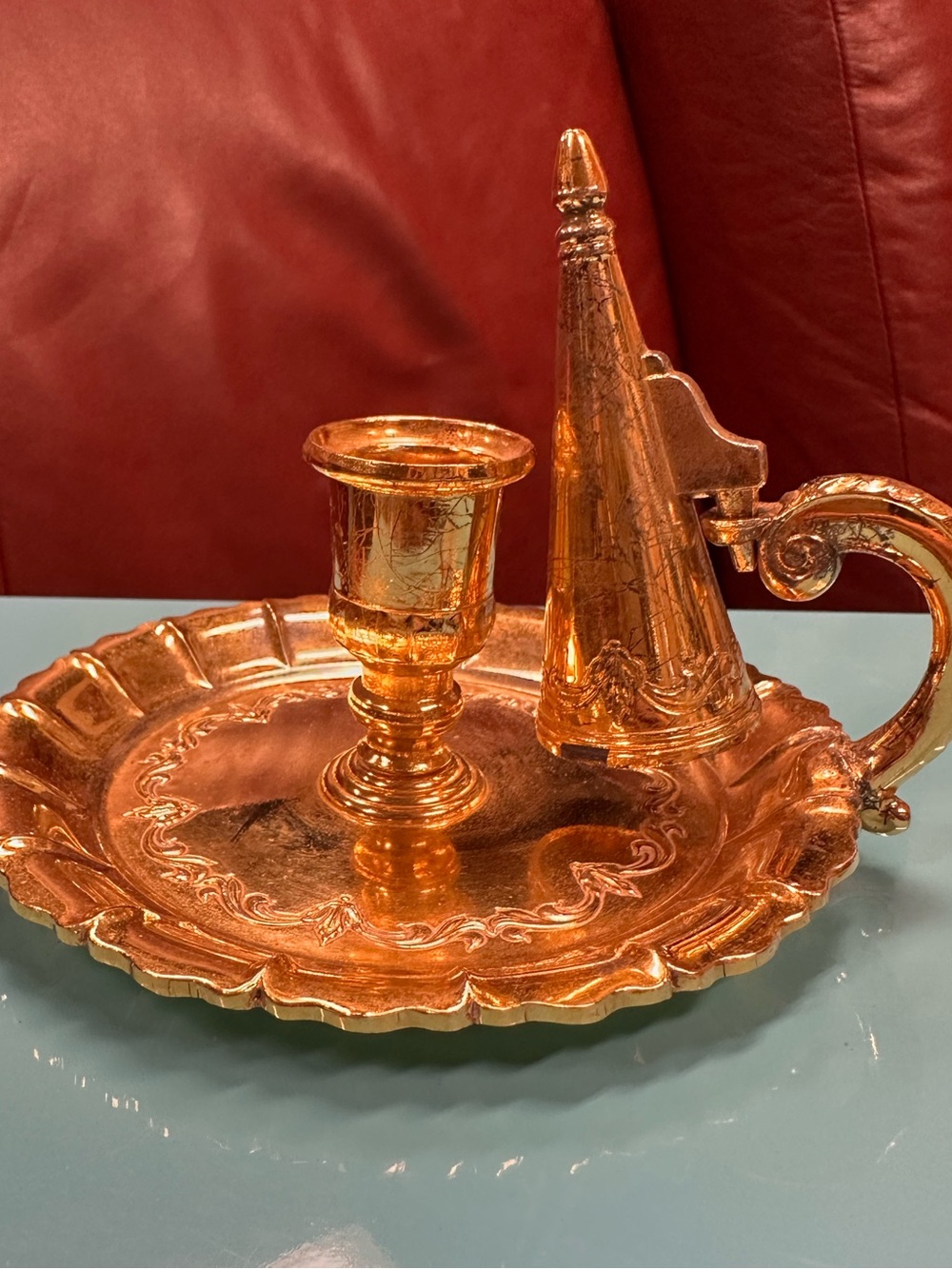 Vintage Brass Chamberstick Candle Holder with Cone Snuffer & Finger Loop